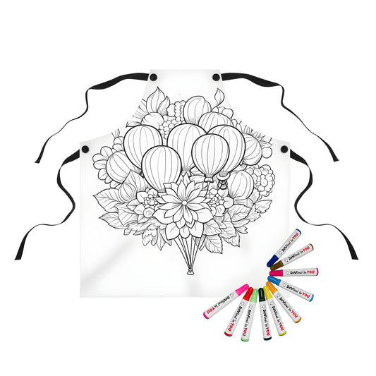 Intricate bouquet illustration apron with hot air balloons design