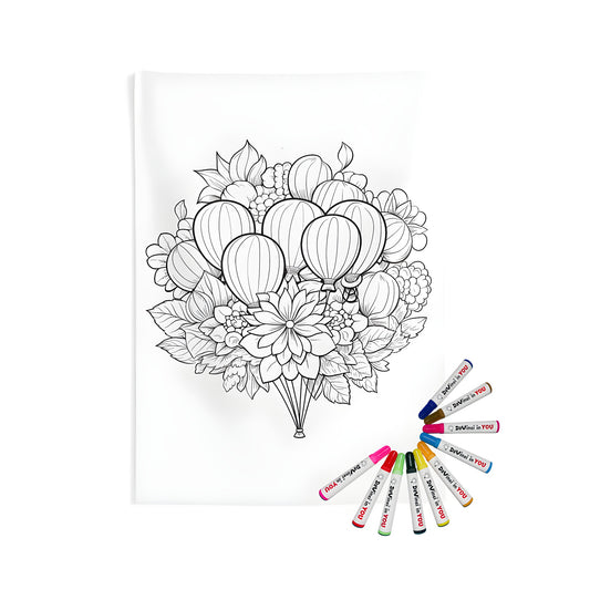 Intricate floral bouquet with hot air balloons in detailed black and white illustration for Indoor Wall Tapestries coloring kit