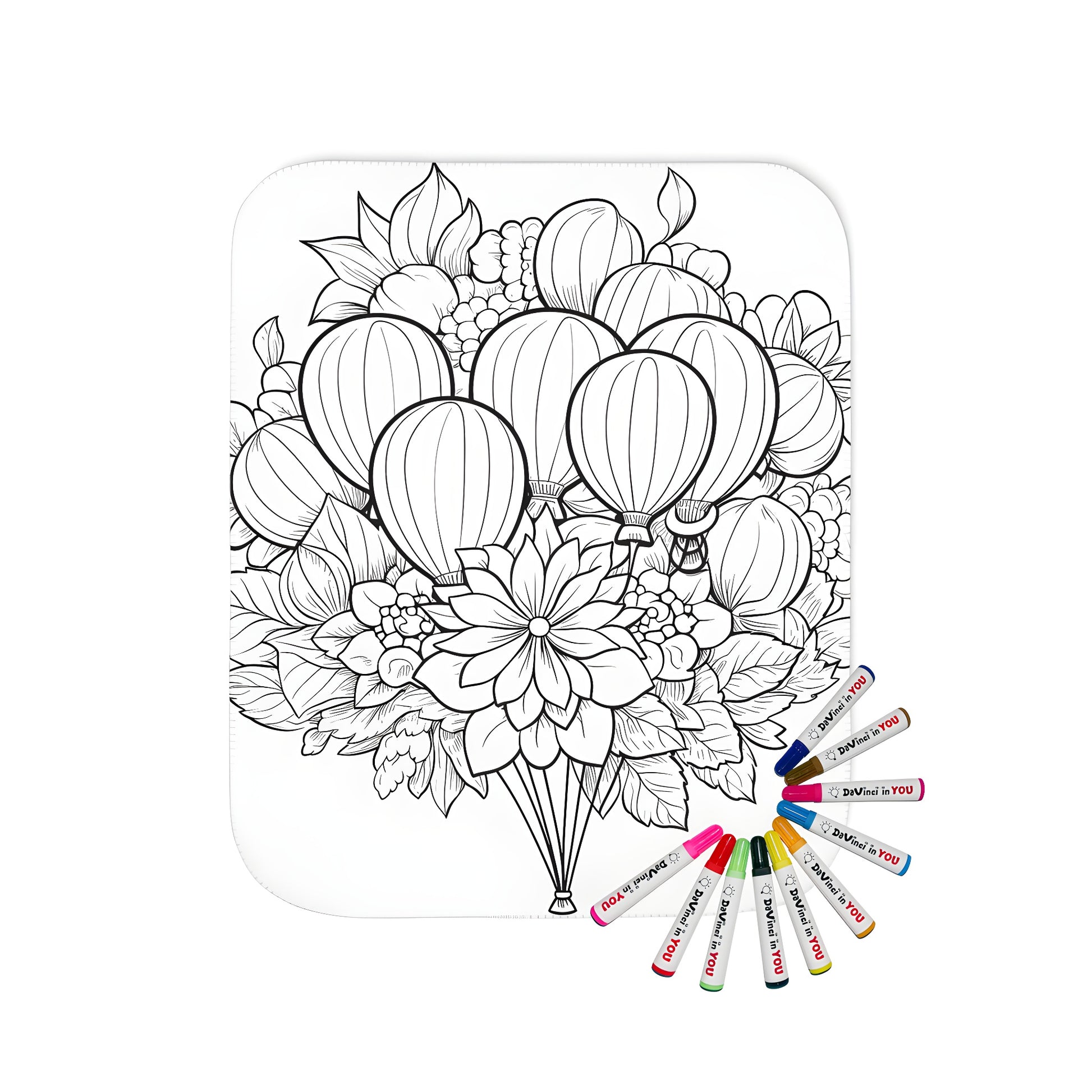 Intricate floral bouquet with hot air balloons on a colorful blanket with 10 fabric markers for adult coloring book enthusiasts