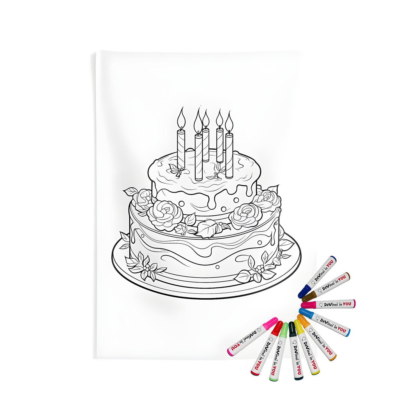 Coloring page of a birthday cake with candles and roses on an indoor wall tapestry