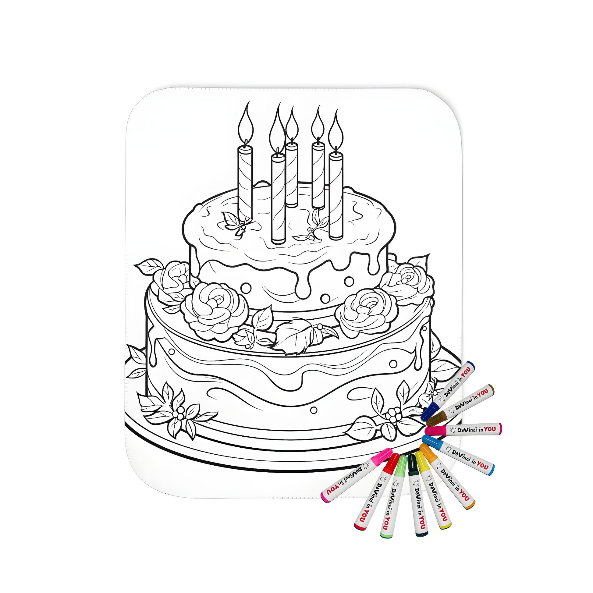 Cozy blanket featuring a detailed birthday cake with candles and roses design for adult coloring pages