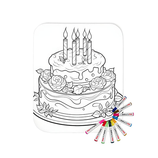 Cozy blanket featuring a detailed birthday cake with candles and roses design for adult coloring pages