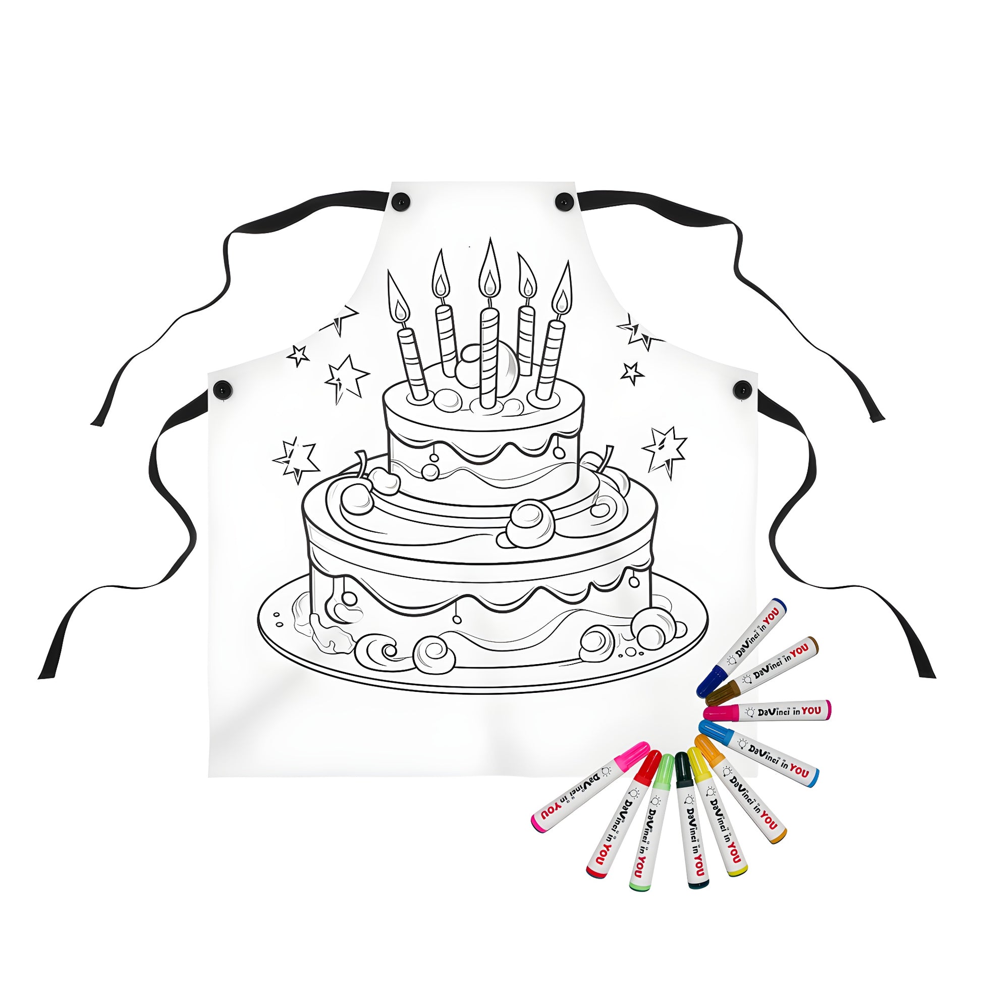 Coloring apron featuring a whimsical birthday cake illustration with six candles, cherries, and star decorations