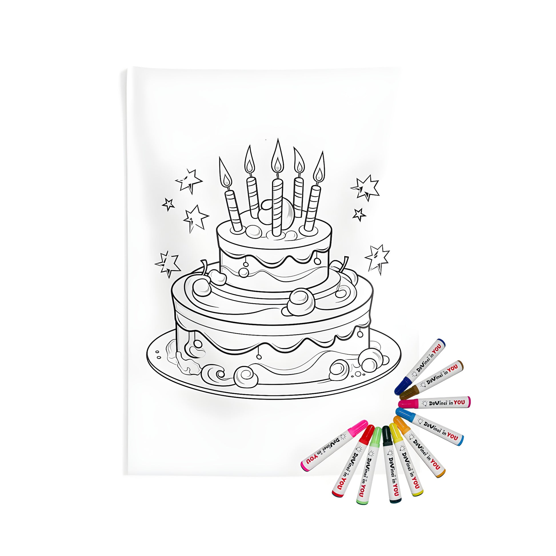 Coloring page of a birthday cake illustration on an indoor wall tapestry