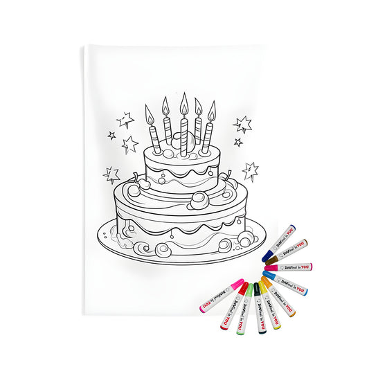 Coloring page of a birthday cake illustration on an indoor wall tapestry