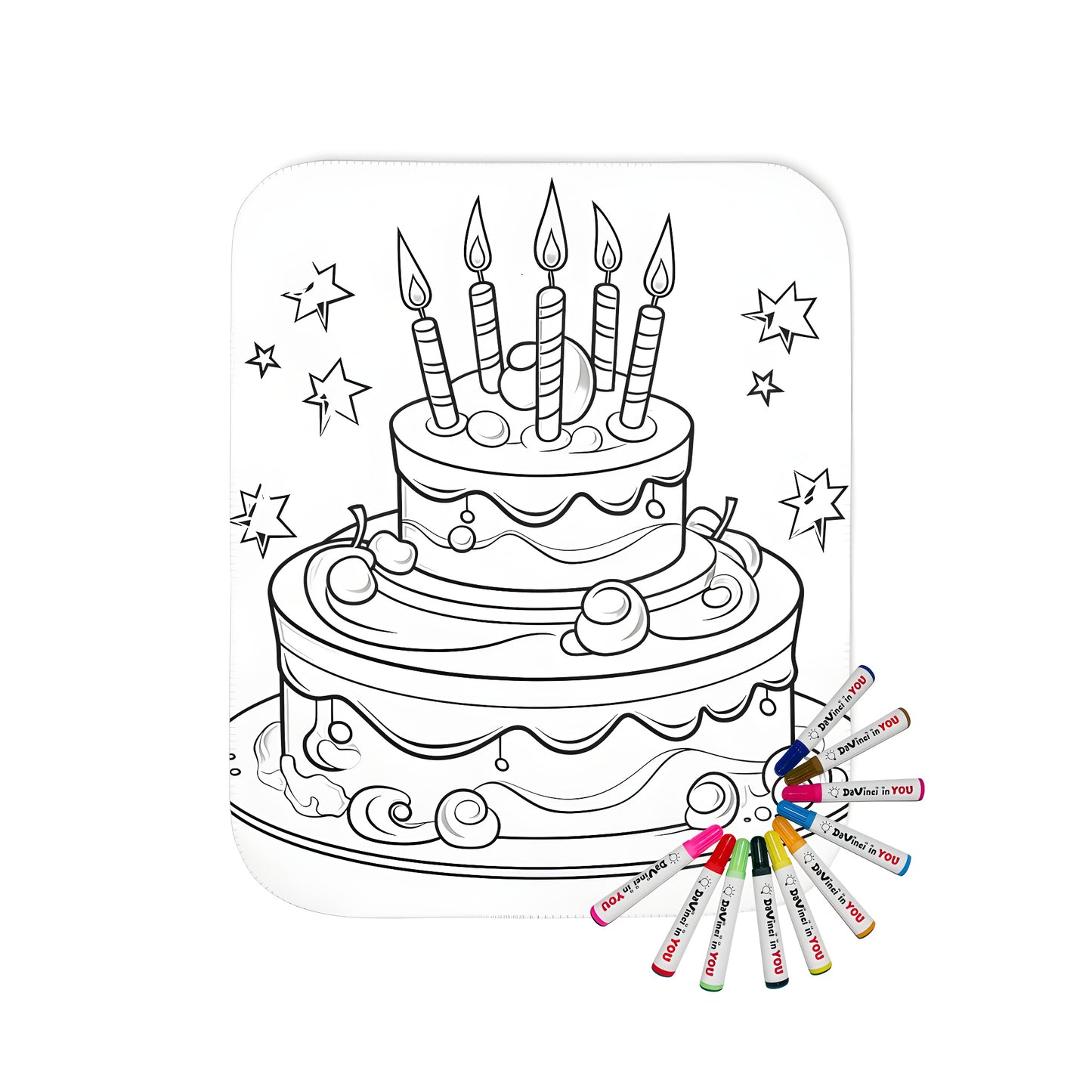 Coloring blanket featuring a vibrant two-tiered birthday cake design with candles, cherries, and star decorations