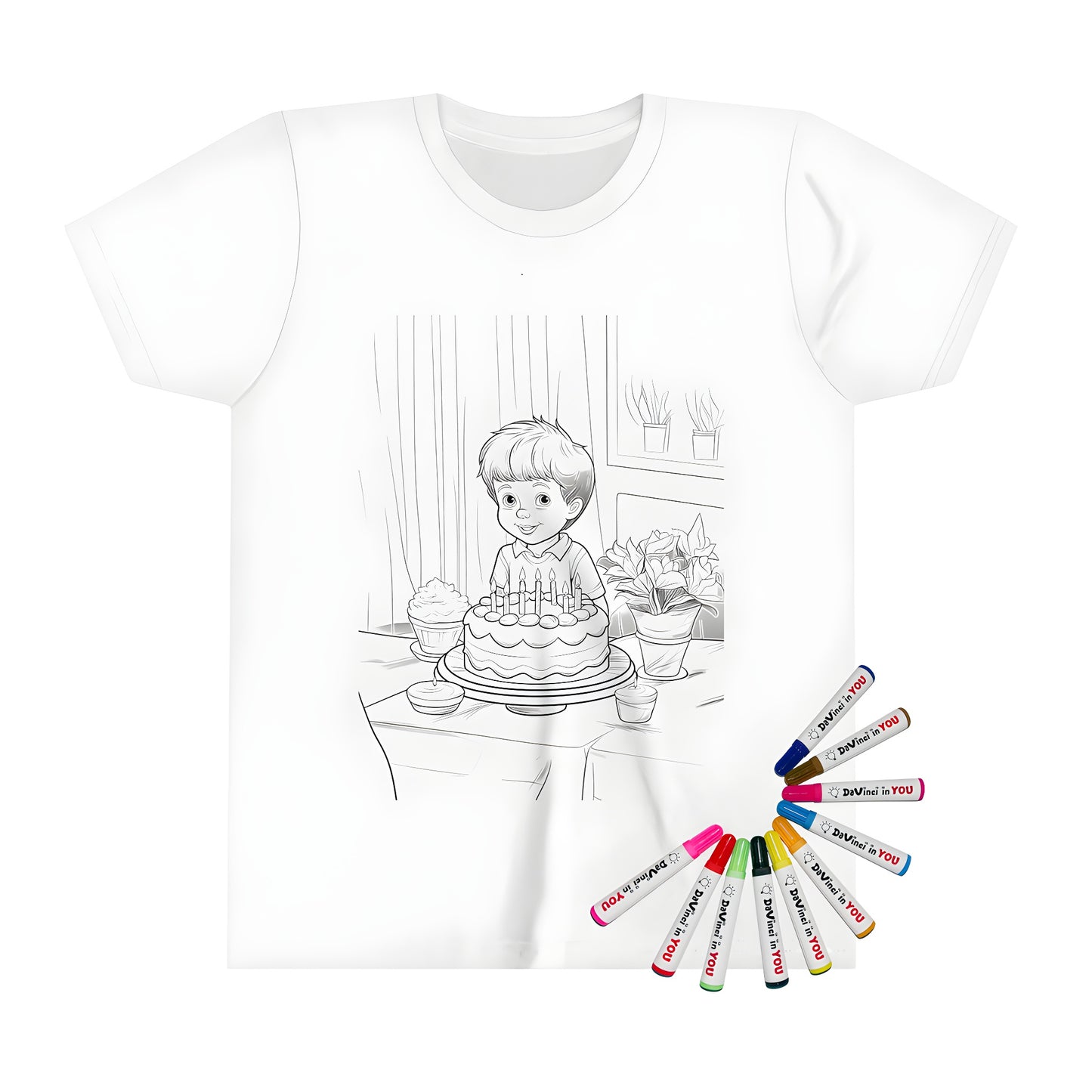 Coloring kit for kids birthday party gift idea featuring a young boy at table with cake candles cupcake flowers and decorations