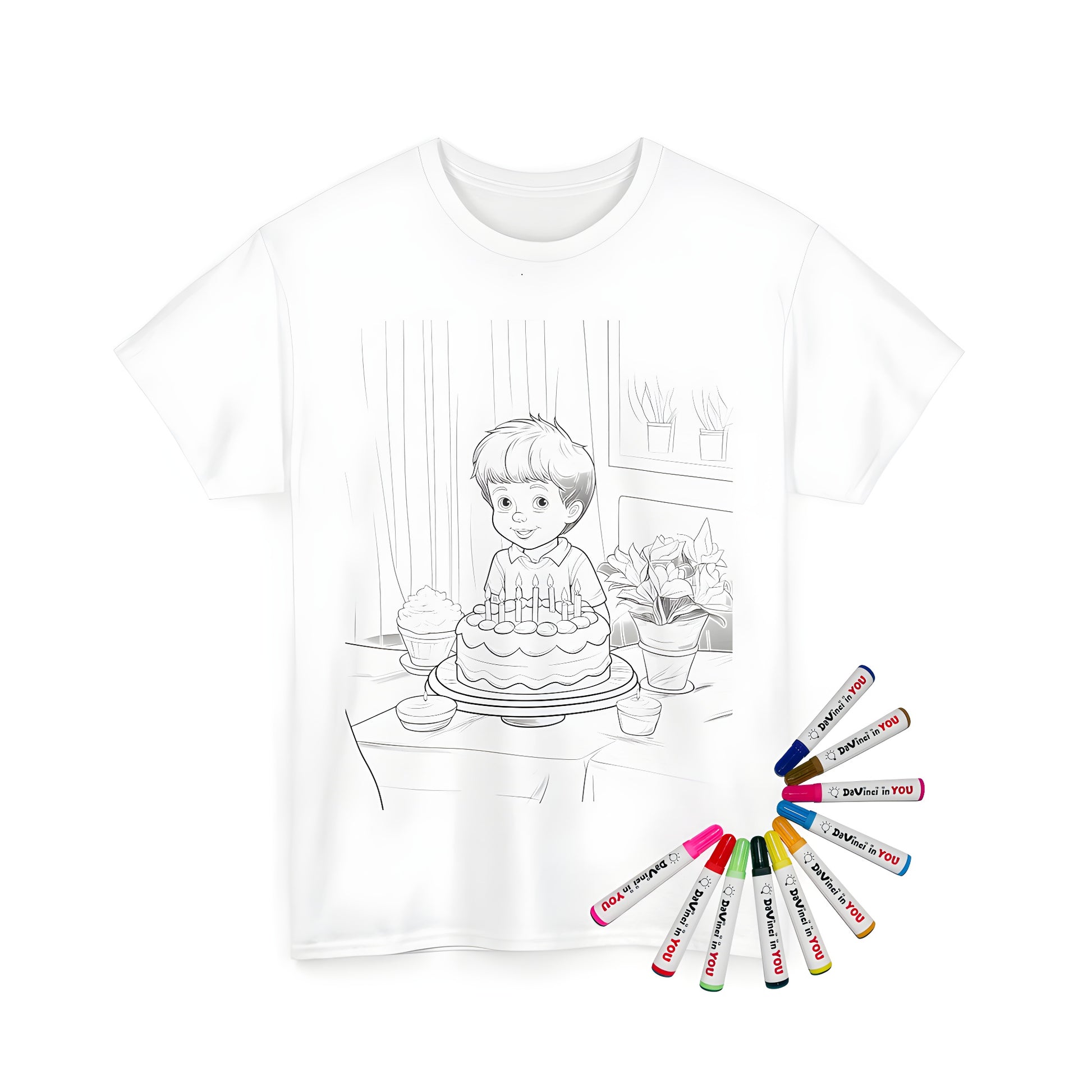 Unisex birthday party t-shirt with coloring kit and fabric markers