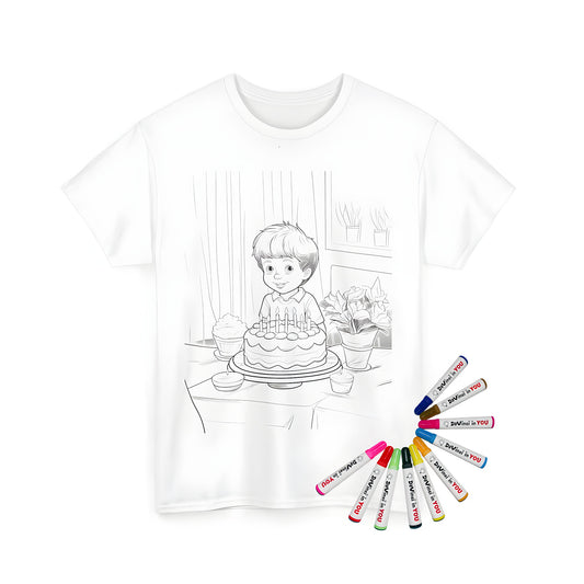 Unisex birthday party t-shirt with coloring kit and fabric markers