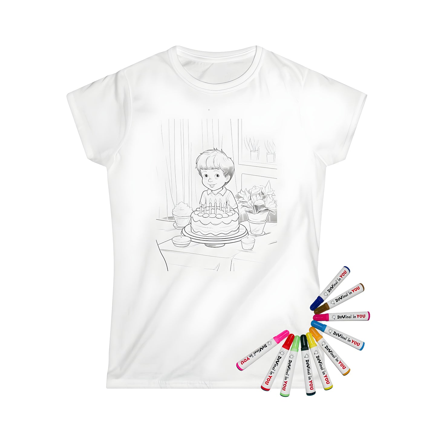 Women's t-shirt coloring kit birthday party design with fabric markers, colorful illustrations of a young boy and cake