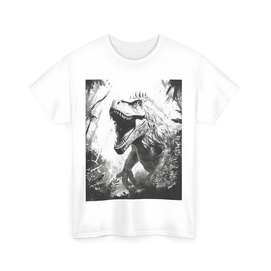 Unisex T-shirt featuring a roaring T-Rex or Raptor or Dinosaur in a jungle landscape