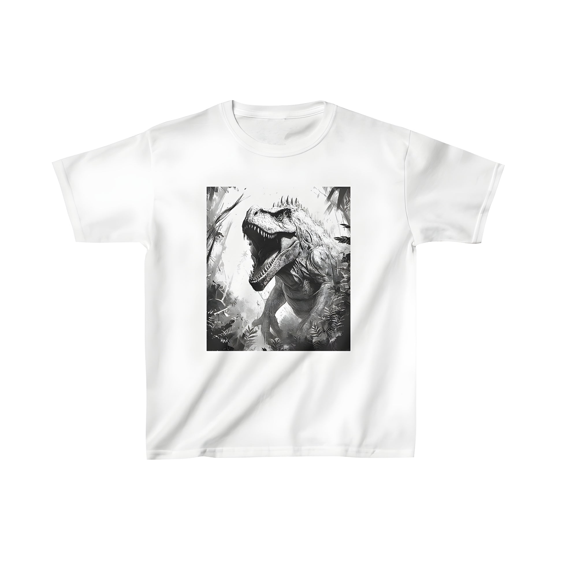 A fun and colorful kid's t-shirt featuring a realistic illustration of a mighty Apatosaur or Sauropod eating from the trees in a dense jungle landscape with a roaring Dinosaur, ideal for little dinosaur enthusiasts.