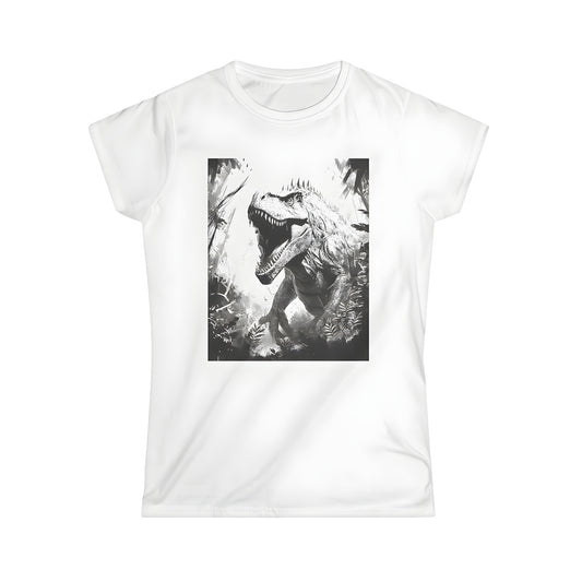 A colorful Women's T-shirt featuring a realistic depiction of a Tyrannosaurus Rex or T-Rex in a dense jungle landscape, perfect for dinosaur enthusiasts and fans of prehistoric beasts like Velociraptors and Dinosaur artwork