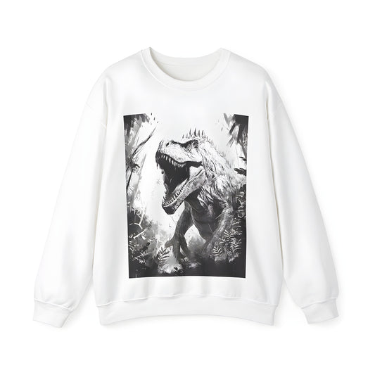 Adult Sweatshirt featuring a roaring T-Rex in a colorful black and white jungle landscape