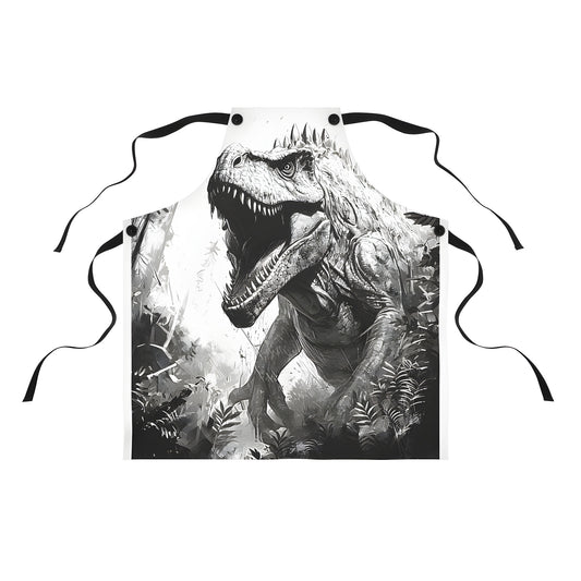 A vibrant colorful Apron featuring a detailed black and white illustration of a Majestic T-Rex in a lush jungle