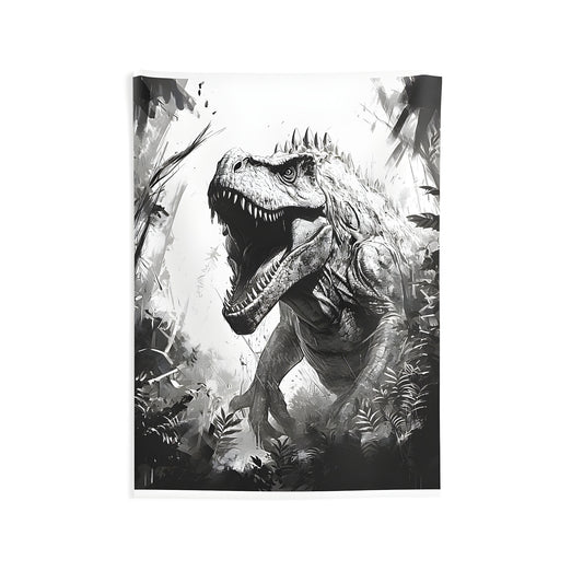 A vibrant and realistic black and white depiction of a fearsome T-Rex standing in a lush jungle landscape printed on an Indoor Wall Tapestry.