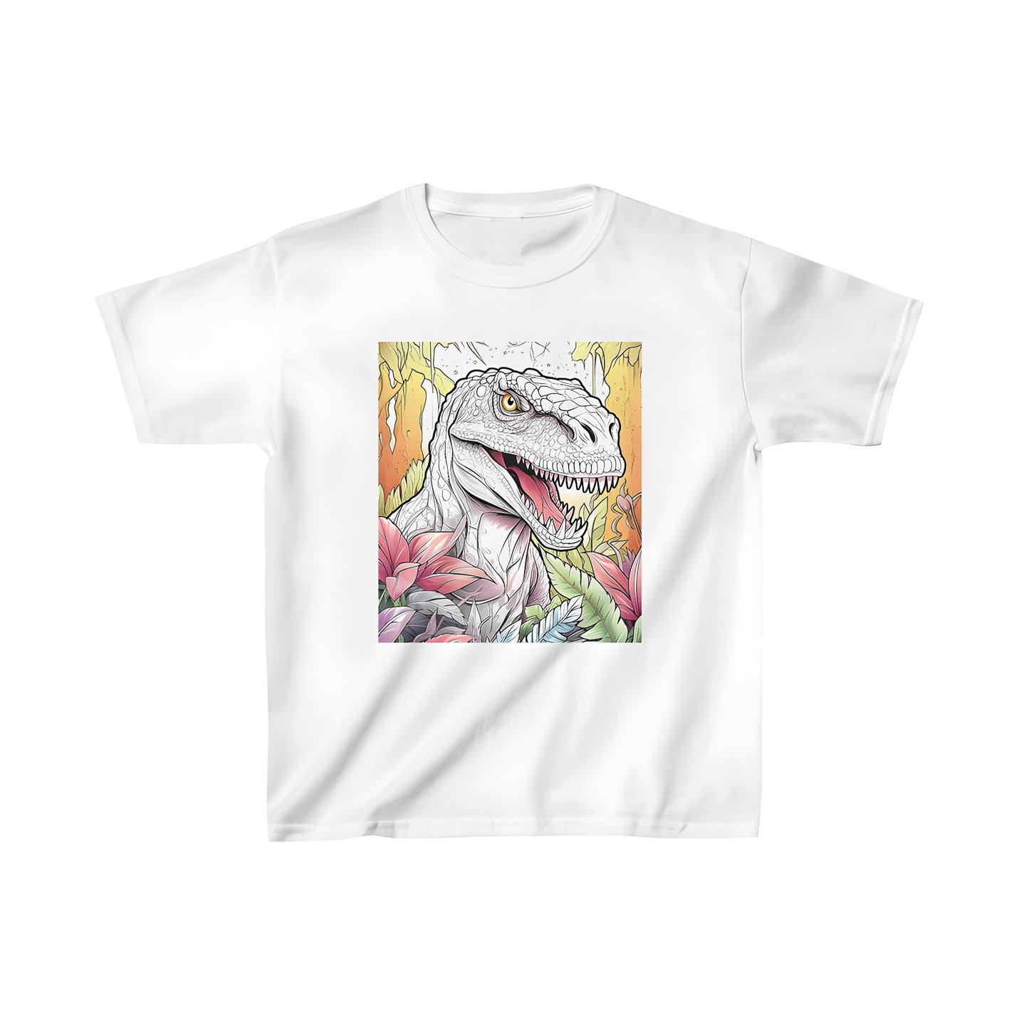 A vibrant Kids' t-shirt featuring an exciting Prehistoric Dino illustration set amidst lush Greenery, with a roaring T-Rex King in the midst of a Tropical Jungle backdrop.