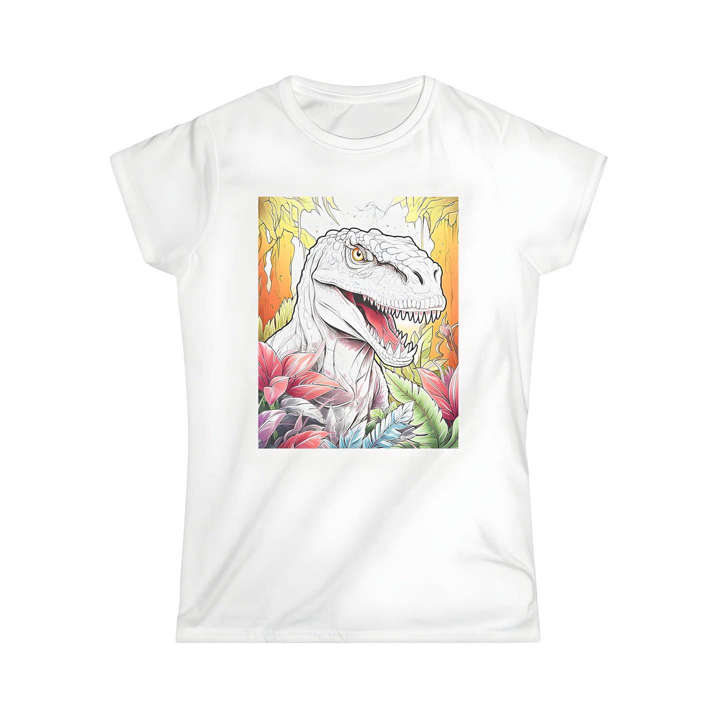 Women's T-shirt featuring vibrant dinosaur head in jungle scene, colorful plants and ferns