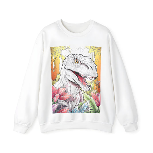 Colorful Adult Sweatshirt with an epic Detailed Dinosaur head roaring in a lush jungle scene and vibrant green plants and ferns in the background.