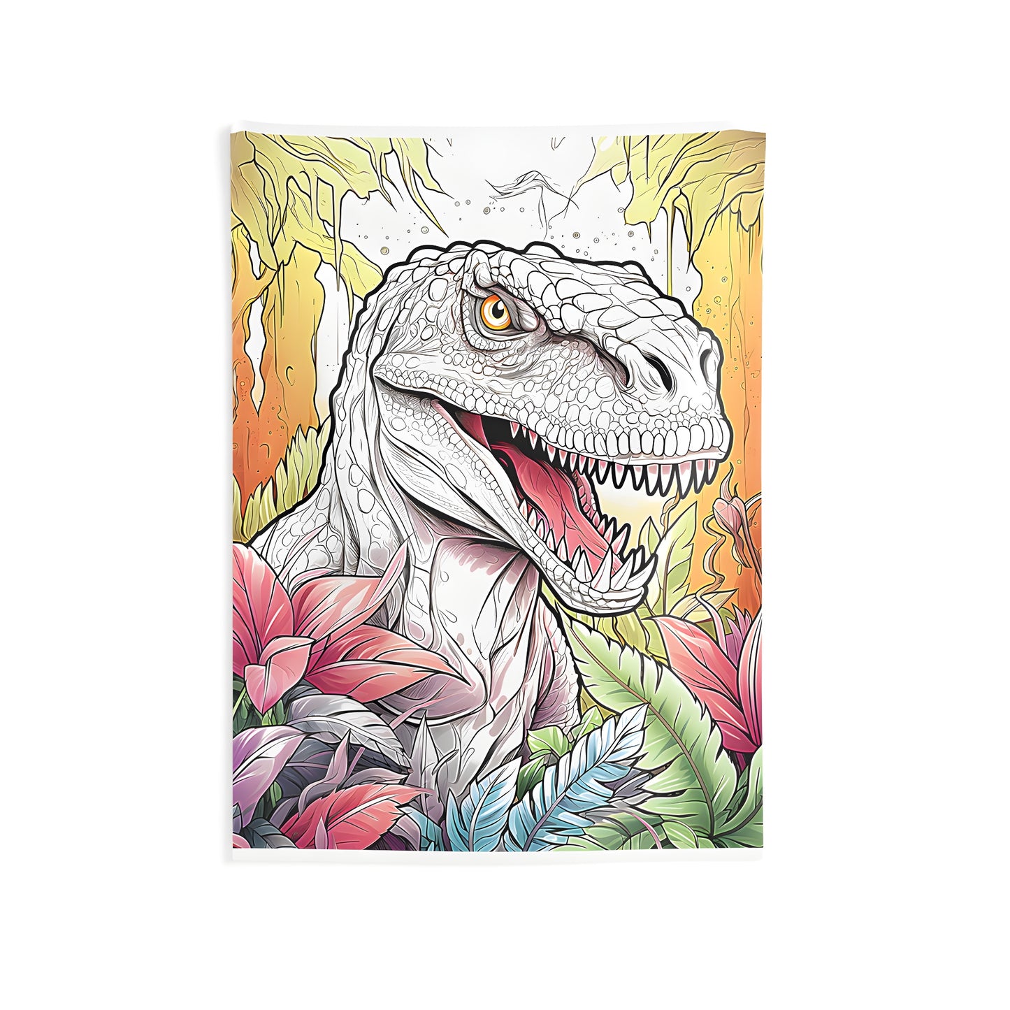 Indoor wall tapestry featuring a colorful dinosaur design