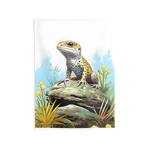 Colorful gecko wall tapestry for indoor decor, featuring a vibrant lizard on a rock amidst yellow flowers and lush greenery in an outdoor setting.