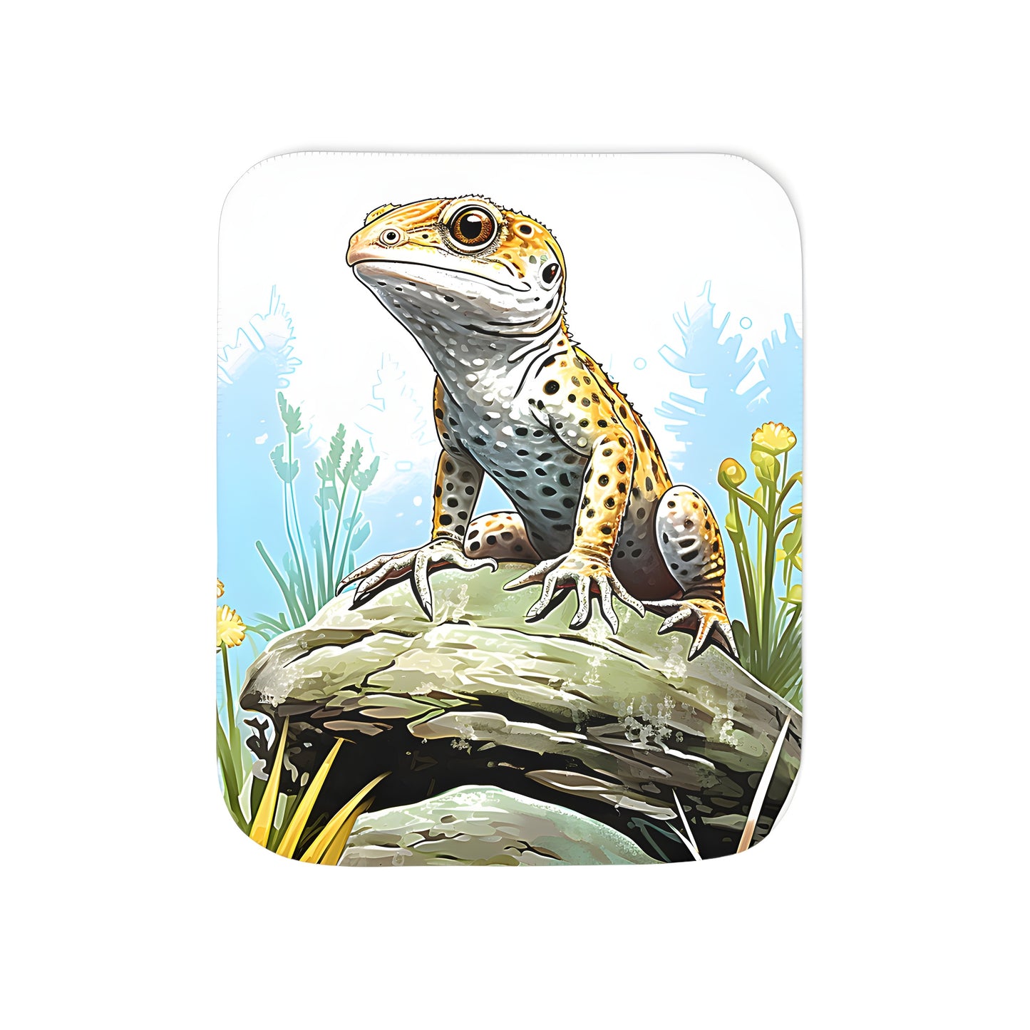 Colorful blanket featuring a vibrant gecko, lizard, or reptile design perched on a rock surrounded by yellow flowers and lush greenery in a natural outdoor setting.