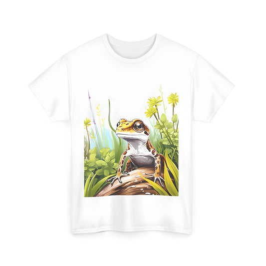 Unisex T-shirt featuring colorful frog-inspired design on natural log amidst lush greenery