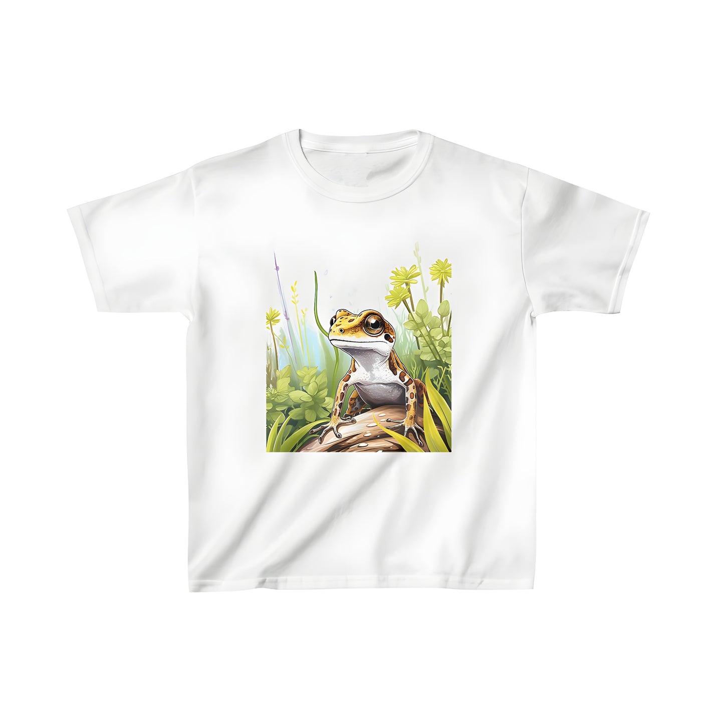 Colorful frog-themed kids t-shirt with a fun design of a green frog resting on a log amidst vibrant plants and foliage