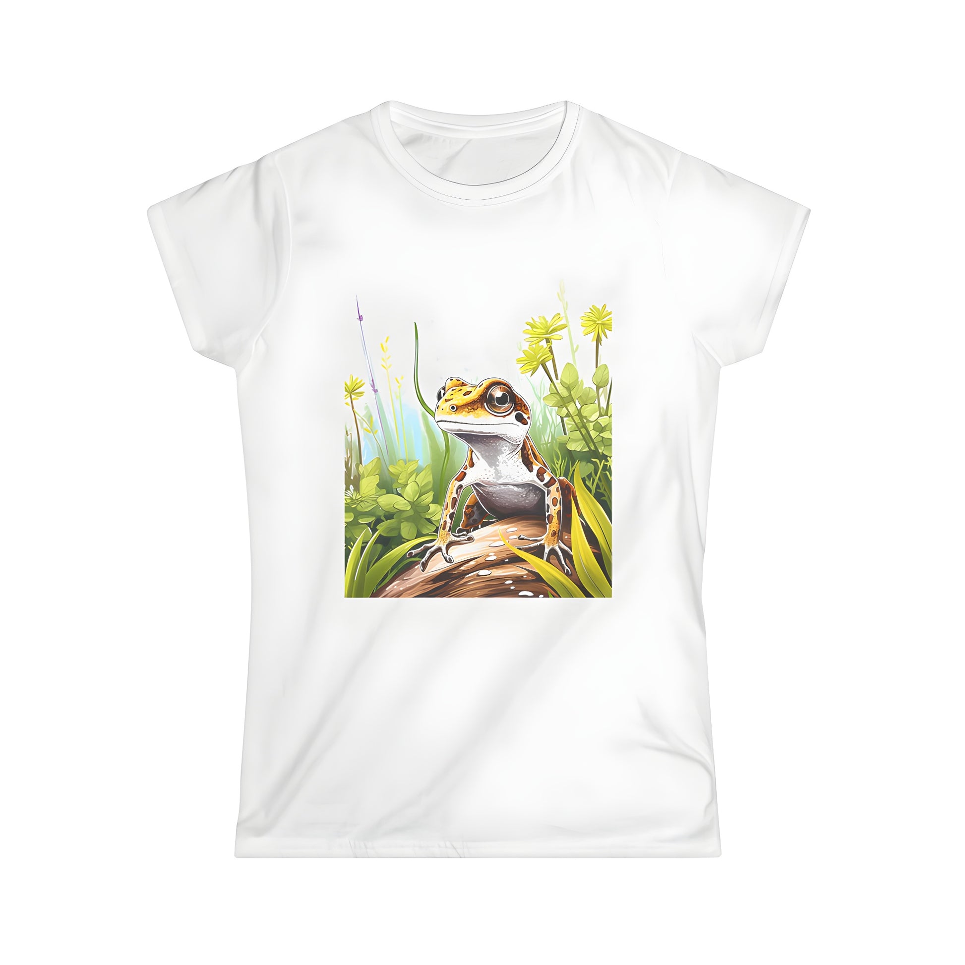 Women's colorful t-shirt featuring frog-inspired design with greenery