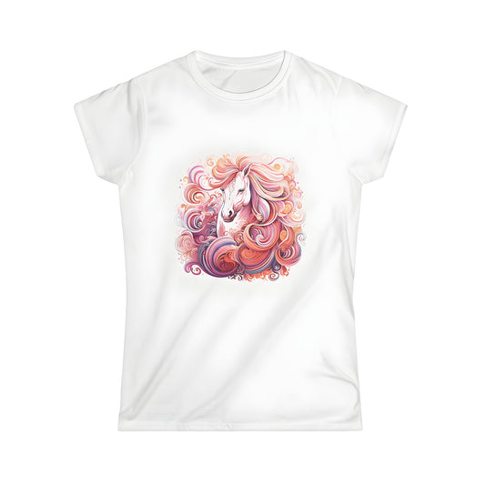 Women's T-Shirt featuring an Illustration of a Horse with Vibrant Mane