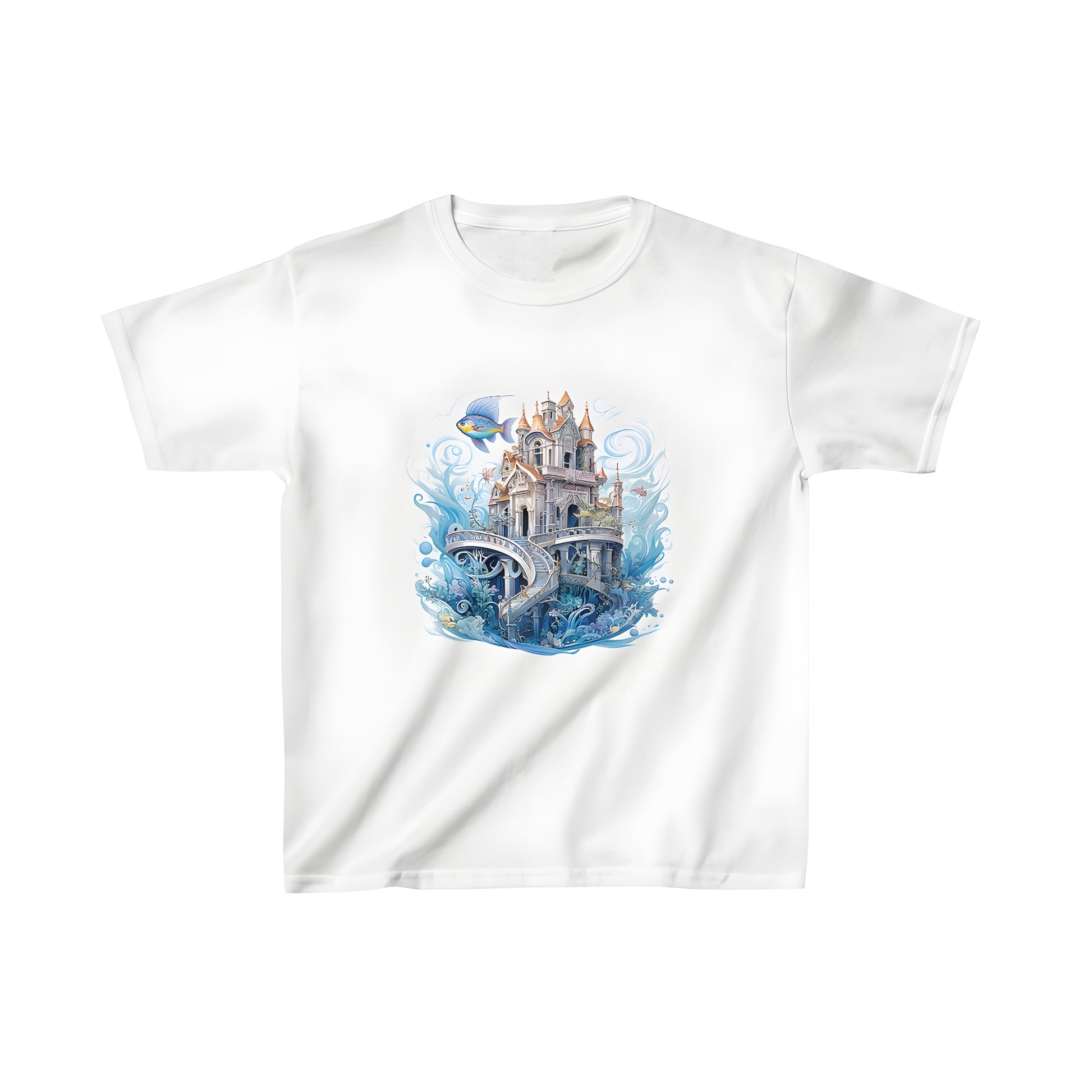 Colorful kid's t-shirt featuring an enchanting underwater palace design with intricate architecture, swirling staircases, and vibrant marine life