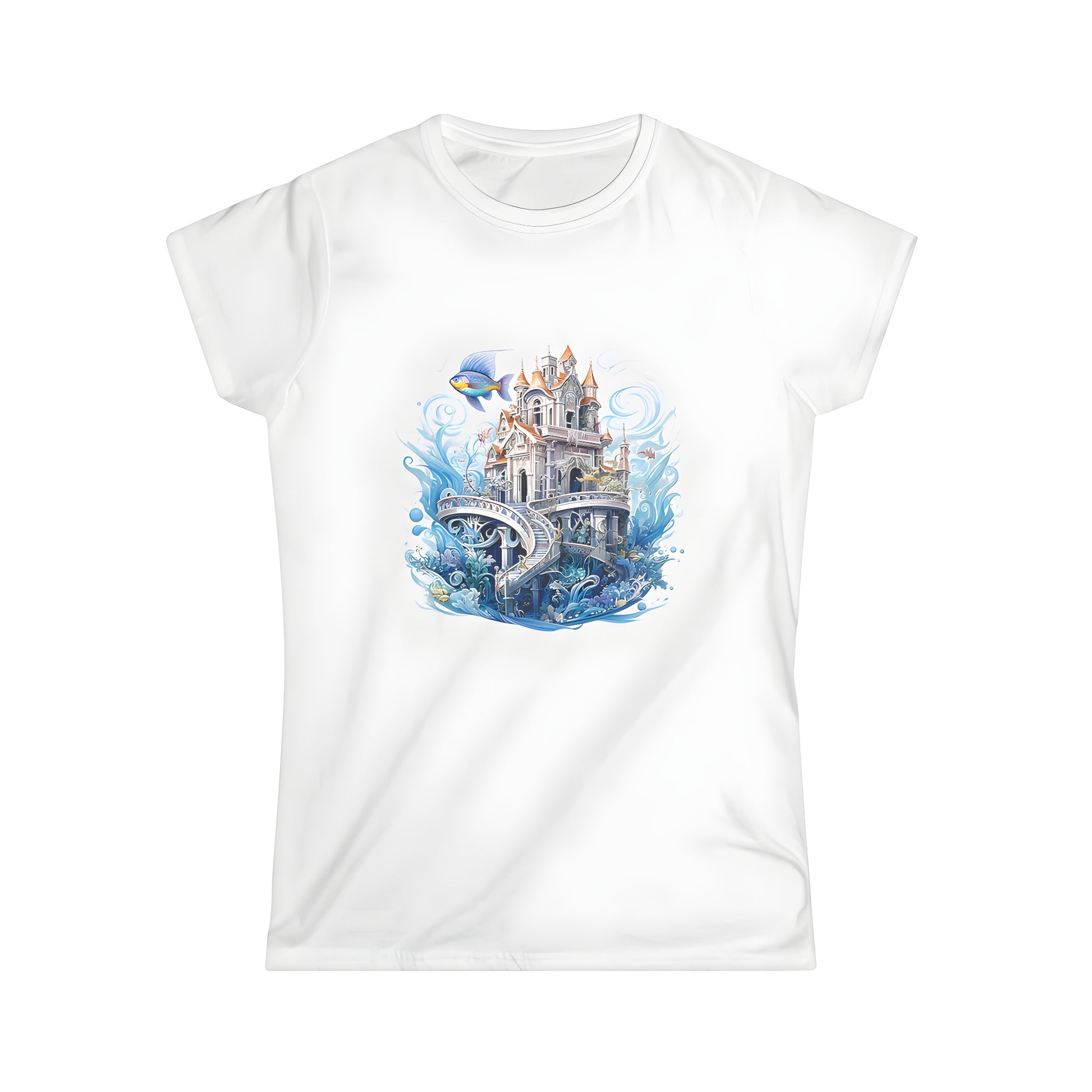 Colorful underwater castle t-shirt design featuring whimsical architecture, winding stairs, and marine life