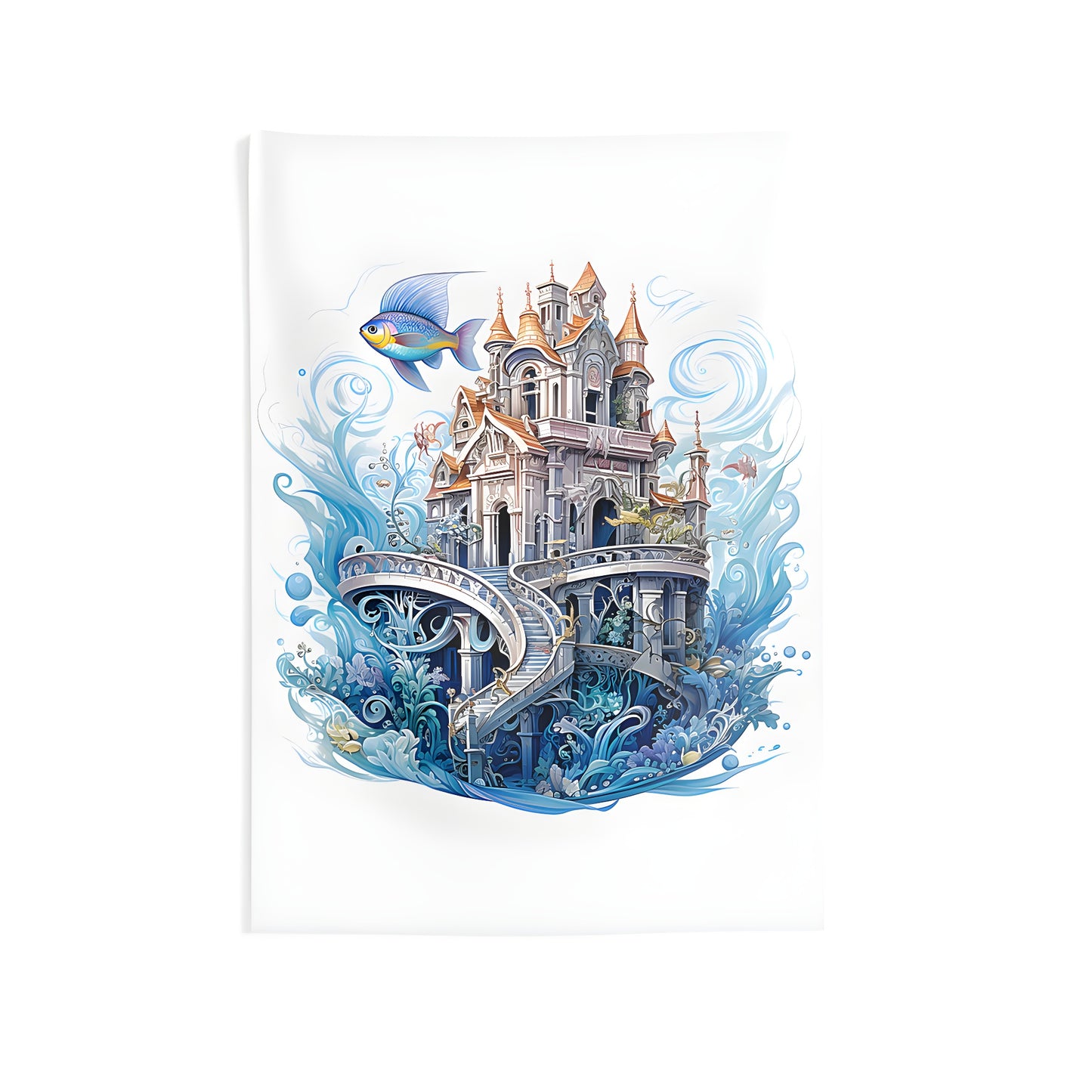 Colorful underwater castle decor, indoor wall tapestries with whimsical architecture and marine life