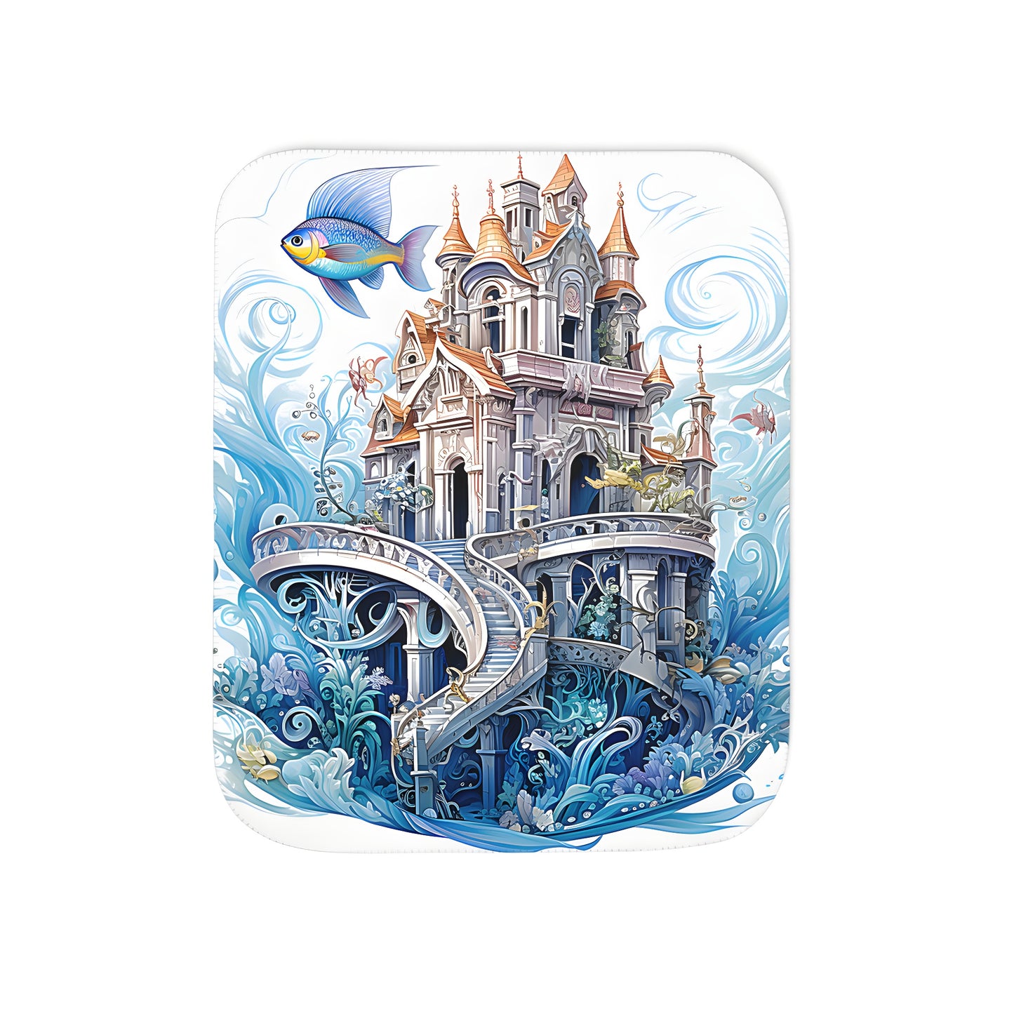 Whimsical blanket with an enchanting ocean palace scene, featuring intricately designed architecture, winding stairs, and vibrant marine life motifs