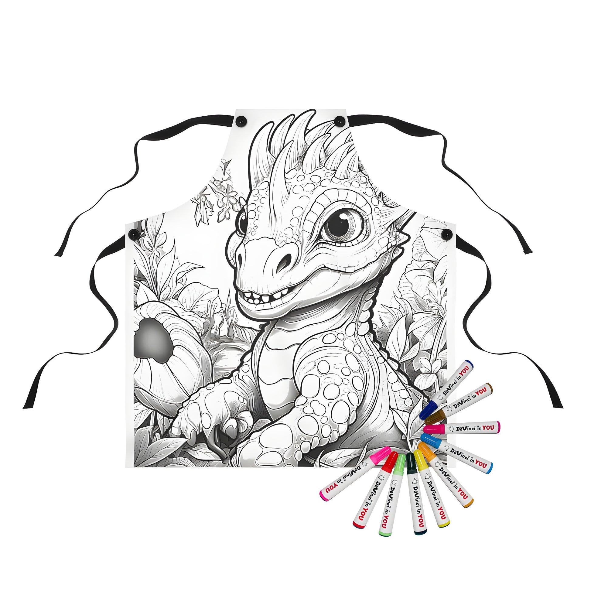 Coloring apron featuring cute prehistoric dinosaur illustration