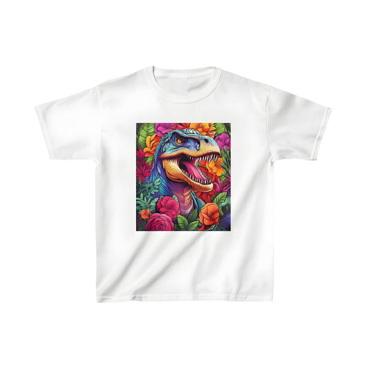 Colorful kid's t-shirt featuring an illustration of a T-Rex head amidst vibrant flowers and lush green leaves