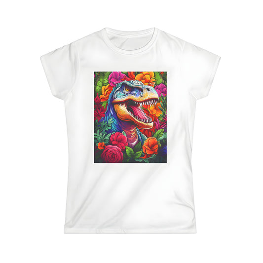 Colorful women's t-shirt featuring a vibrant illustration of a prehistoric dinosaur head surrounded by flowers and leaves