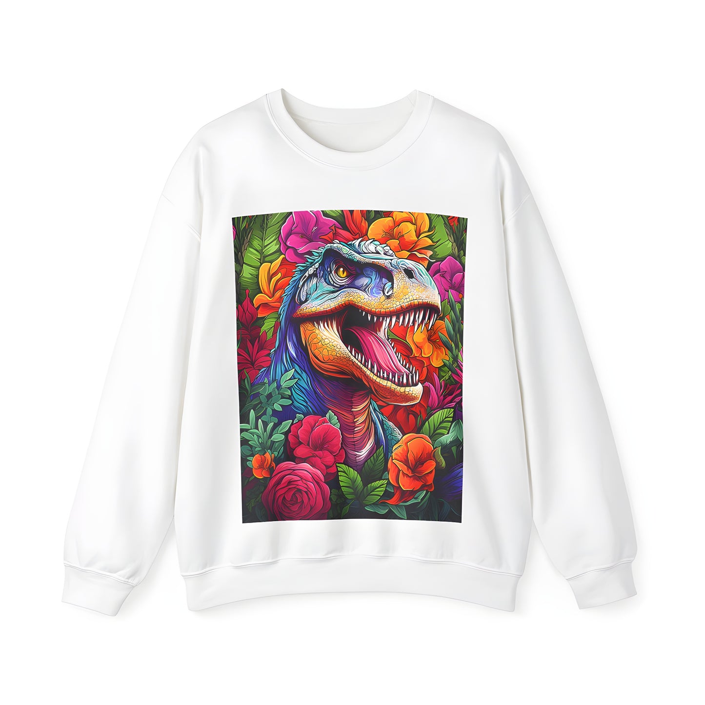 Vibrant illustration of T-Rex head surrounded by colorful flowers and lush green leaves on an Adult Sweatshirt