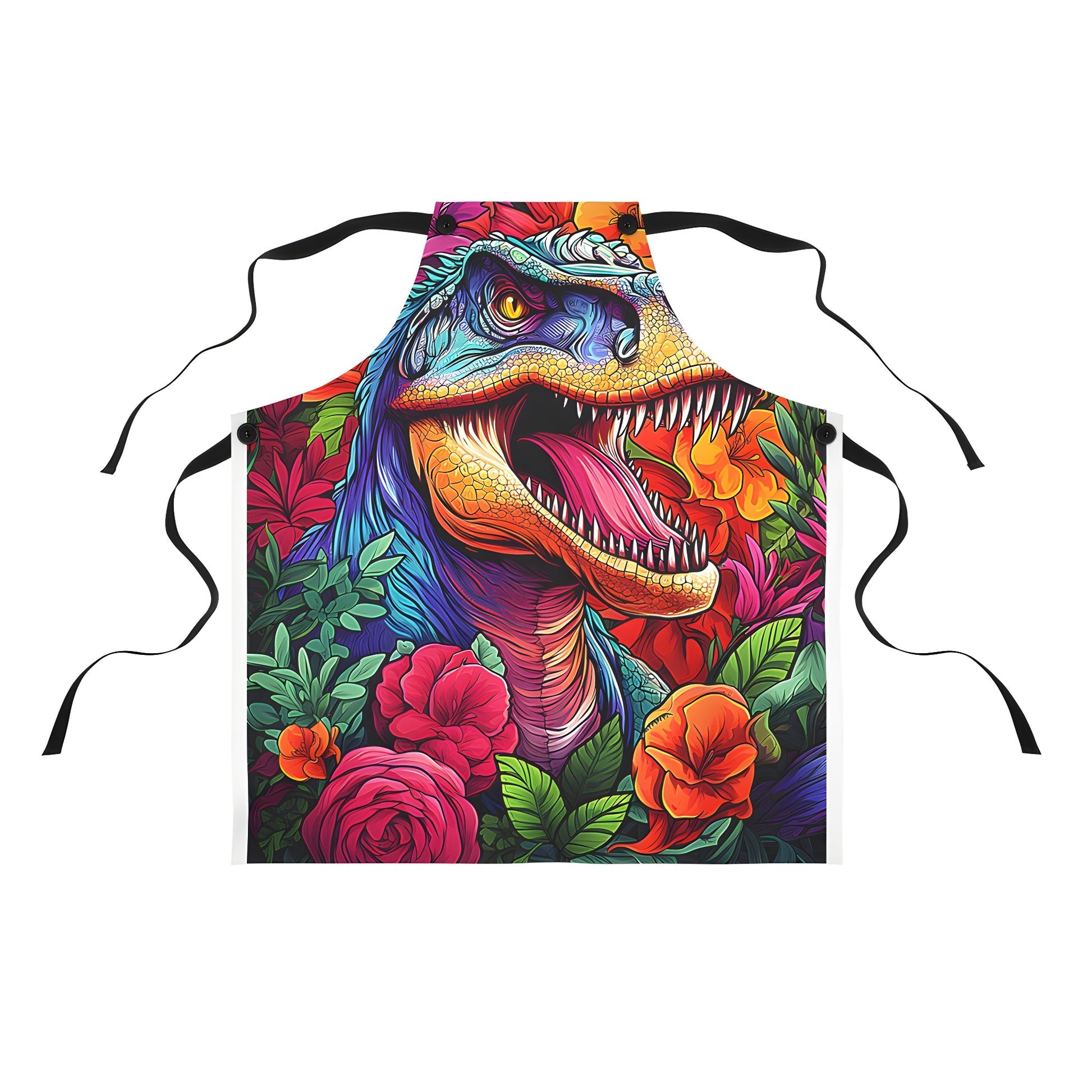 Colorful floral apron featuring a T-Rex illustration