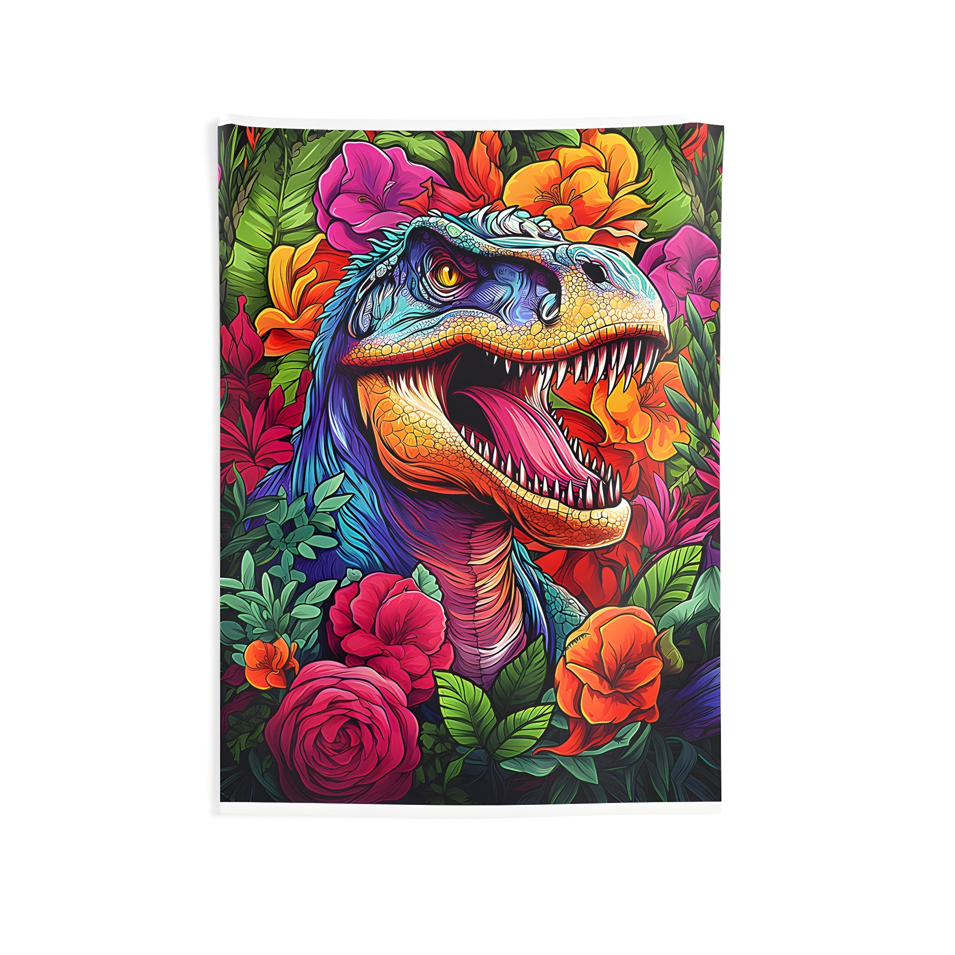 Vibrant dinosaur wall tapestry with floral background