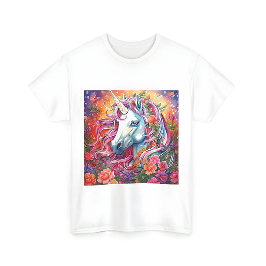 Colorful unisex t-shirt featuring a beautiful floral unicorn with rainbow mane surrounded by vibrant flowers and butterflies
