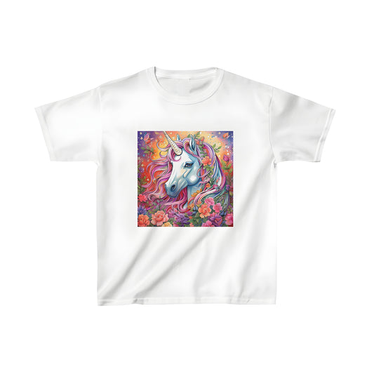 A vibrant floral unicorn print t-shirt for kids, featuring colorful rainbow manes, delicate flowers and playful butterflies on a whimsical background.