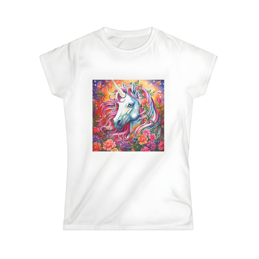 Women's T-shirt featuring a colorful unicorn design with rainbow mane surrounded by vibrant flowers and butterflies