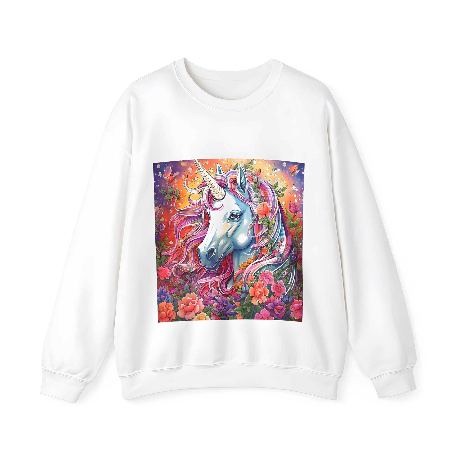 Adult sweatshirt with colorful floral unicorn print, featuring a rainbow mane and vibrant flowers and butterflies on a magical background