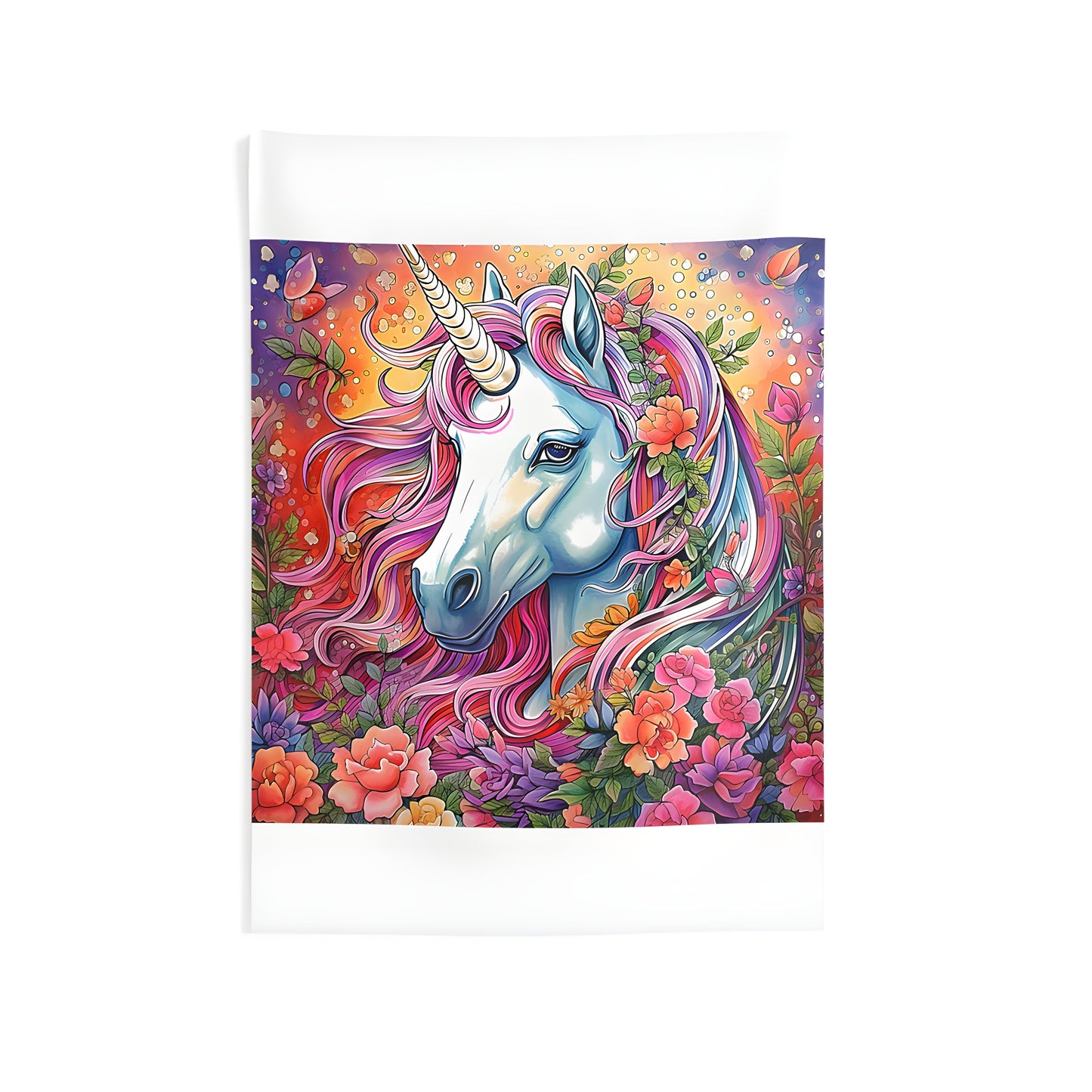 Colorful unicorn wall tapestry with floral pattern and vibrant flowers and butterflies