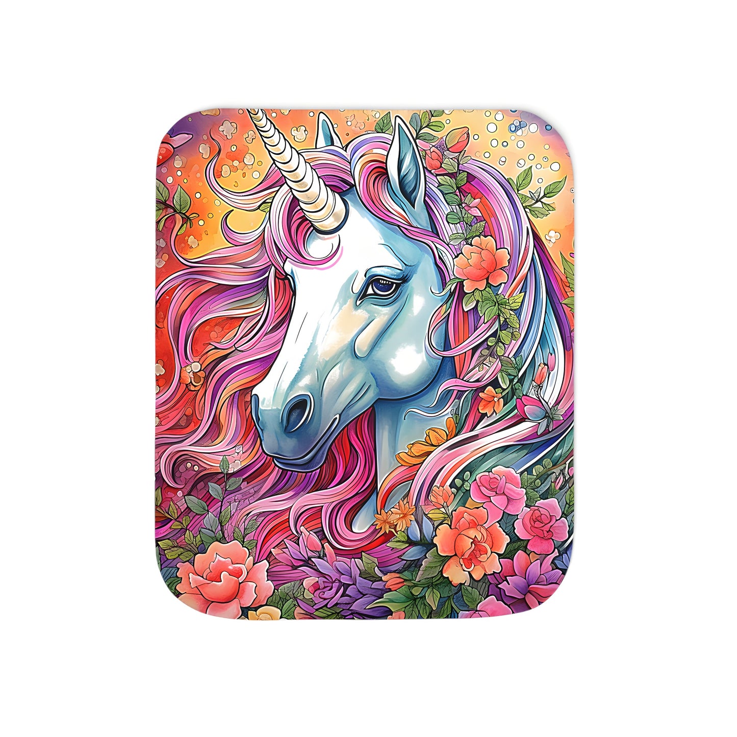 Colorful unicorn blanket with floral design, featuring a beautiful rainbow mane surrounded by vibrant flowers and butterflies against a magical background.