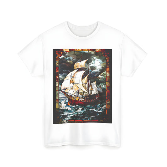 Colorful stained glass art sailing vessel graphic on a unisex t-shirt