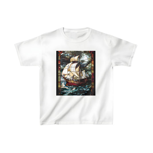 Colorful Stained Glass Art Design Kids Navy Blue T-Shirt with a Ship Navigation Theme