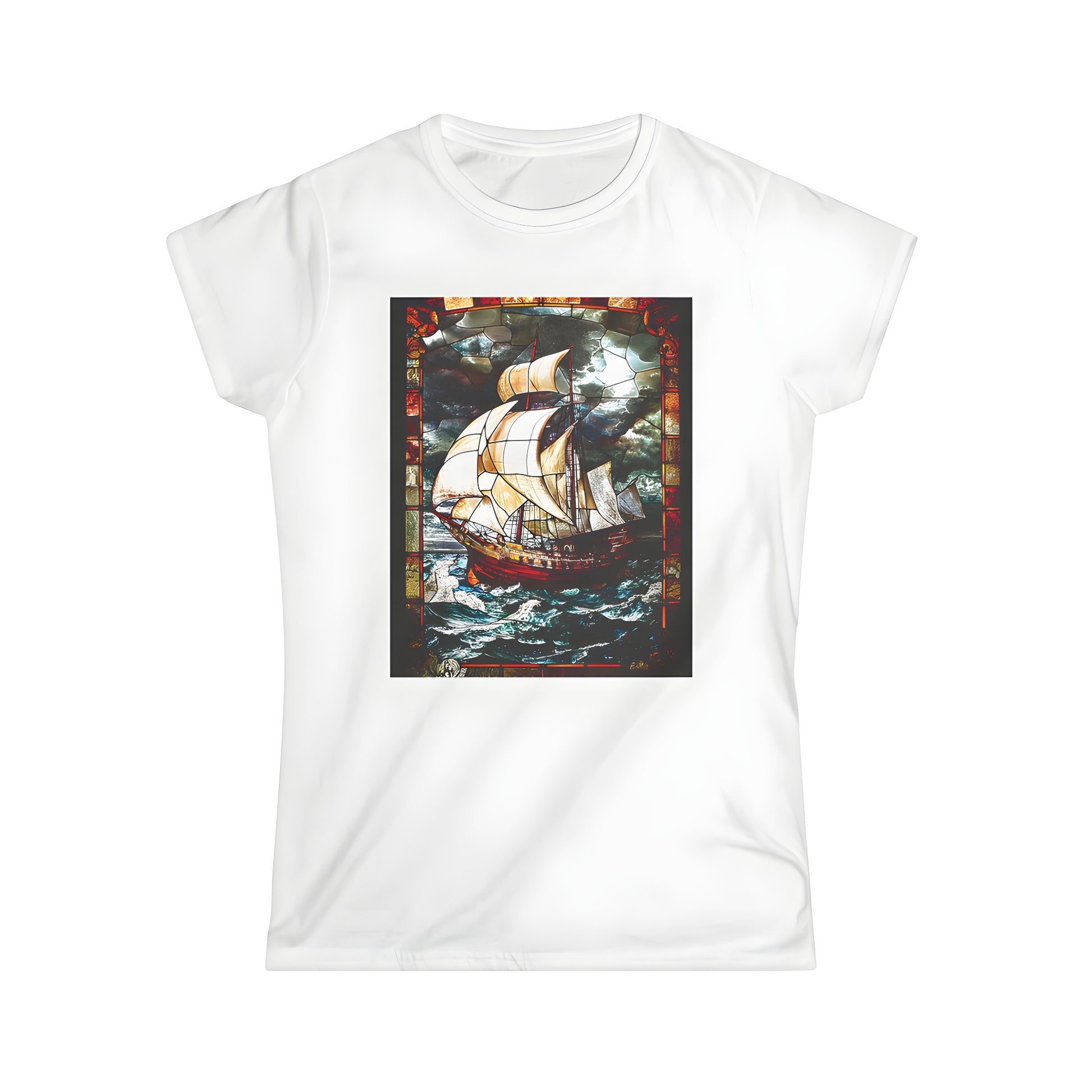 Women's T-shirt featuring a vibrant stained glass art design of a sailing vessel or galleon navigating through turbulent ocean waves under an ominous stormy sky.