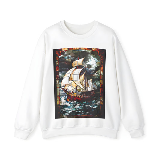 Adult sweatshirt featuring a vibrant stained glass art design of a sailboat navigating through rough seas under a stormy sky